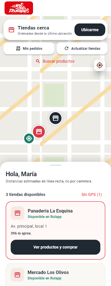 Inicio del cliente con mapa de tiendas y acceso a productos de ejemplo